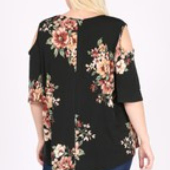 Plus Size, Black Cold Shoulder, Flower Print Shirt - Picture 5 of 5